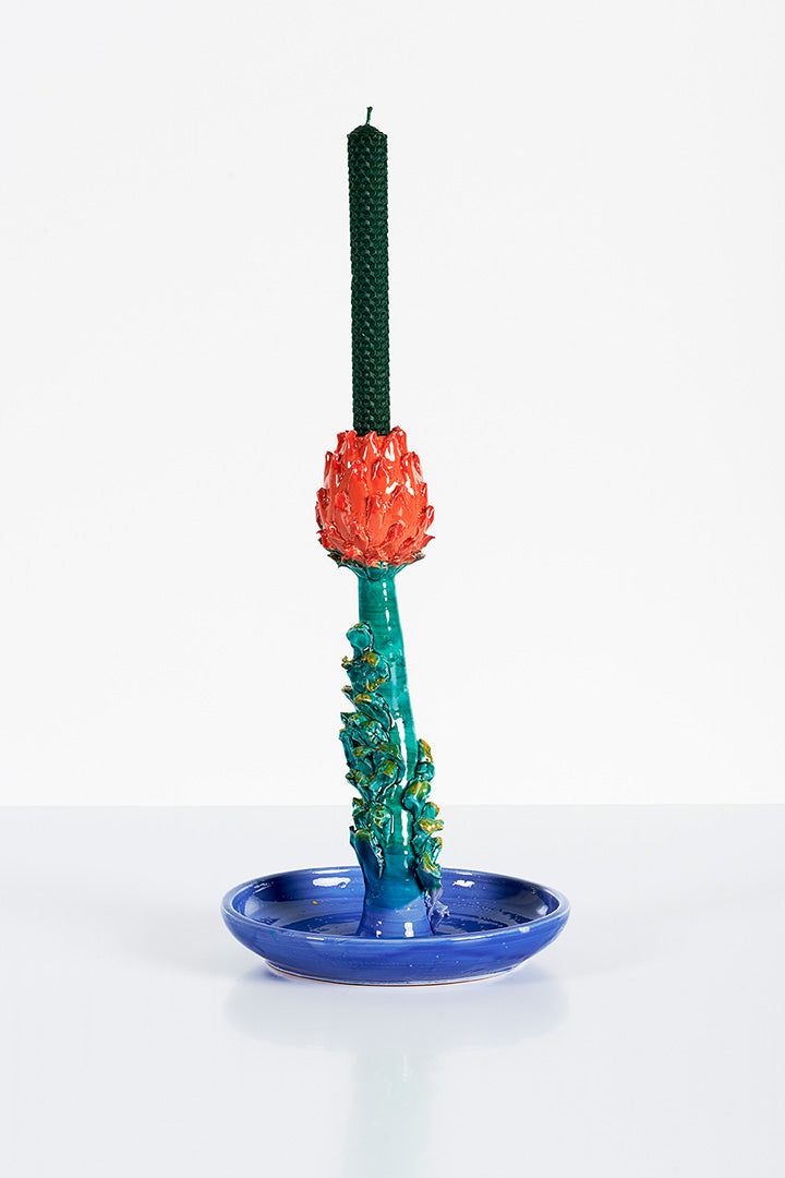Candleholder Artichoke I (green, coral and blue)