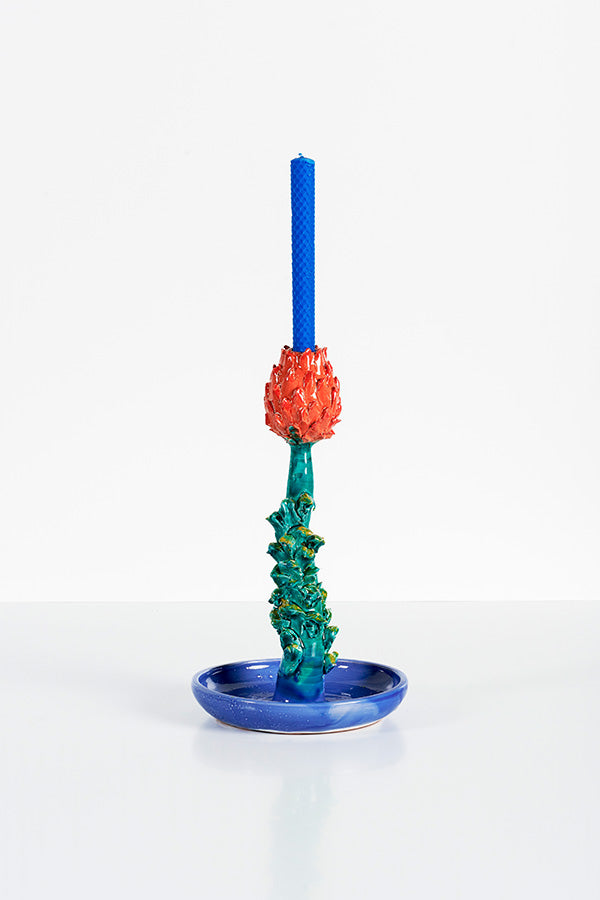 Candleholder Artichoke (green, coral and blue)
